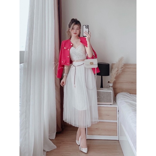 ANU180 - ÁO KHOÁC DẠ TWEET CỔ TRÒN HỒNG ĐEN CÚC ĐỒNG
