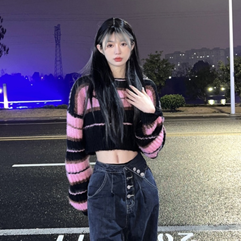 QADCOL Áo sweater Dệt Kim Tay Ngắn Dáng Rộng Họa Tiết Kẻ Sọc Thời Trang Hàn Quốc Cho Nữ