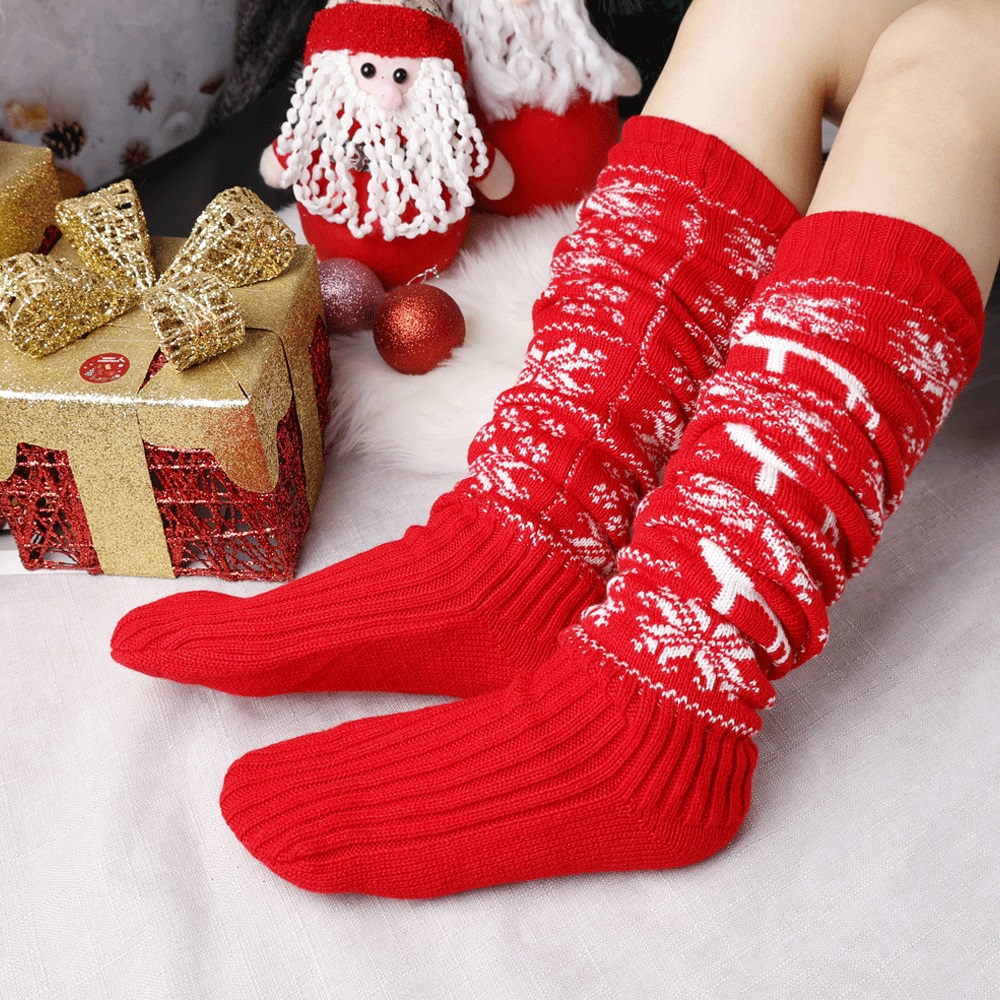 Đôi Tất Chân Len Dài Qua Gối Họa Tiết Giáng Sinh Thời Trang Cho Nữ