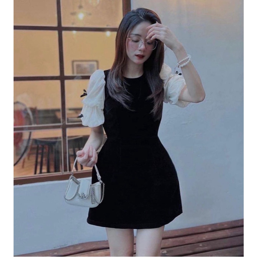 Váy tay bồng nơ phối nhung đen, Đầm nữ nhung ngắn Daski