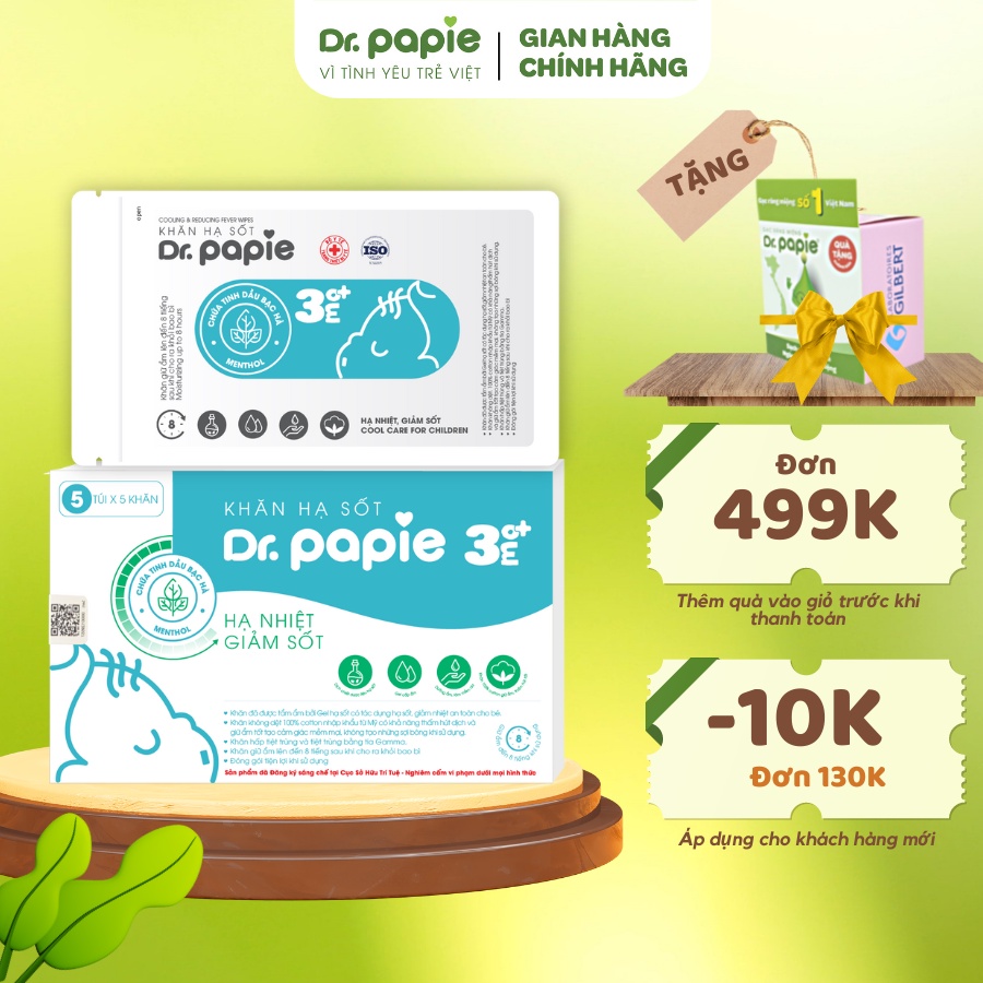 Khăn Lau Hạ Sốt Dr Papie 3+ Cho Bé Hạ Nhiệt Giảm Sốt Ngăn Ngừa Co Giật - Hộp 5 Gói x 5 Khăn/Gói