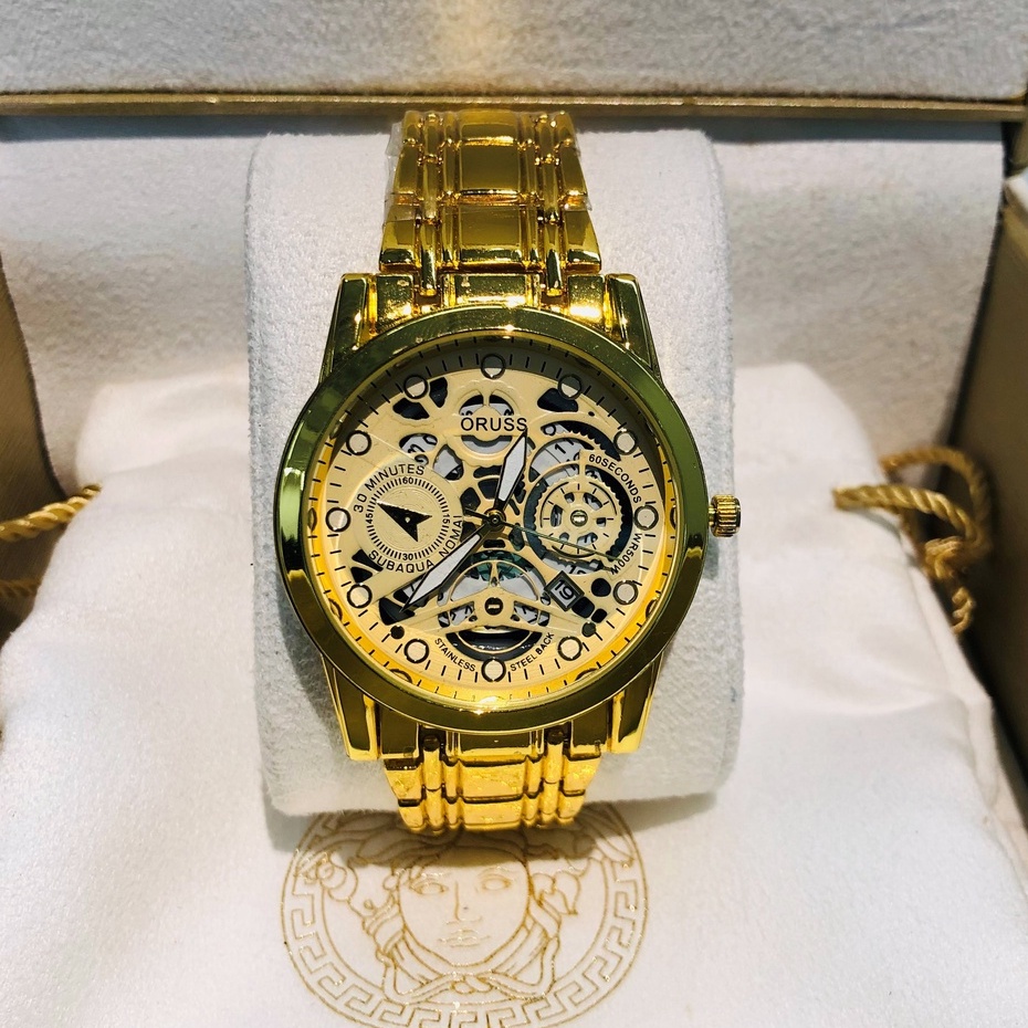 Đồng hồ nam automatic dây kim loại cao cấp màu vàng thời trang lịch chống nước