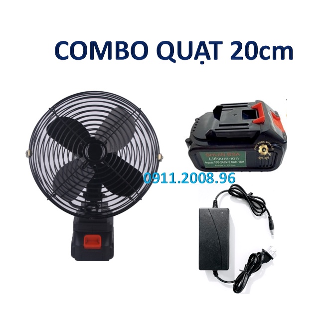 Quạt lồng 20cm cánh sắt dùng pin 21V - 24V - 36V (chung chân pin Makita) lồng thép mạ - Để bàn tiện lợi