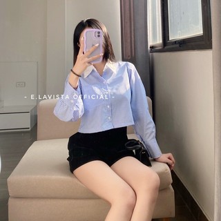 Camel top | áo sơmi croptop kẻ sọc tay bồng điệu đà elavista
