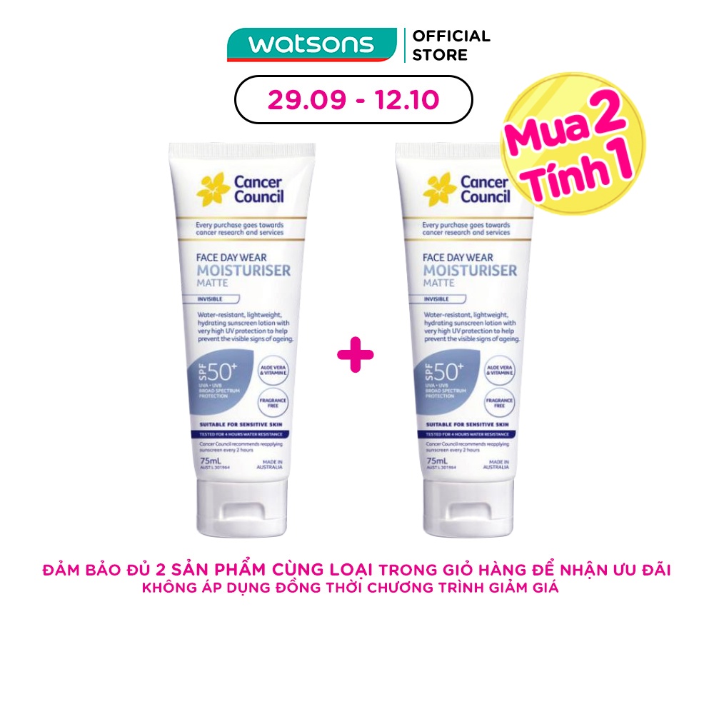 Kem Chống Nắng Cancer Council Face Day Moisturizer Dưỡng Ẩm & Chống Nước Dành Cho Da Mặt SPF50+ 75ml