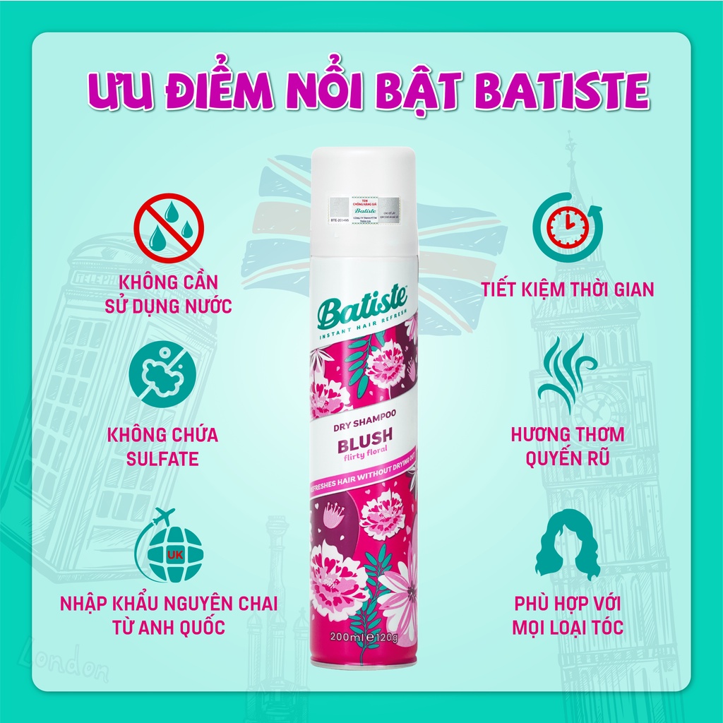 Dầu Gội Khô Batiste Hương Hoa Quyến Rũ - Batiste Dry Shampoo Floral & Flirty Blush 200ml