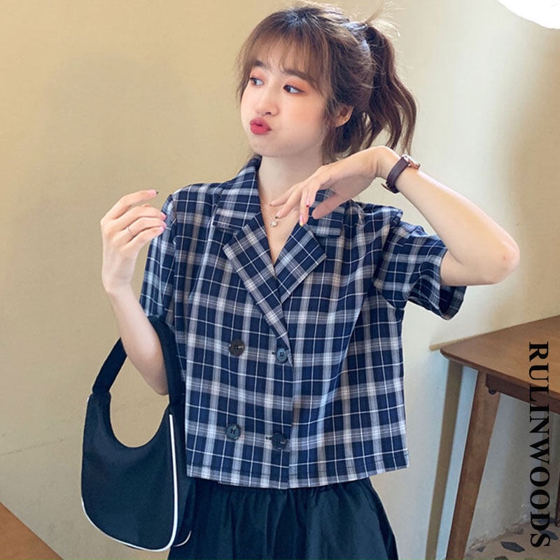 Áo Khoác Blazer Tay Ngắn Họa Tiết Sọc Caro Phong Cách Hàn Quốc