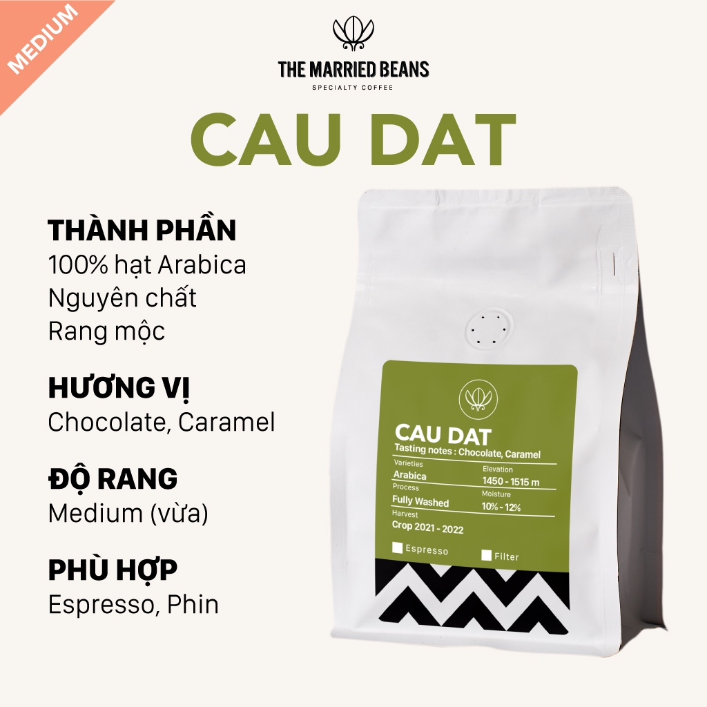 Cà phê đặc sản rang mộc Arabica 100% Cầu Đất, rang vừa (espresso, phin) THE MARRIED BEANS (Túi 250gr)