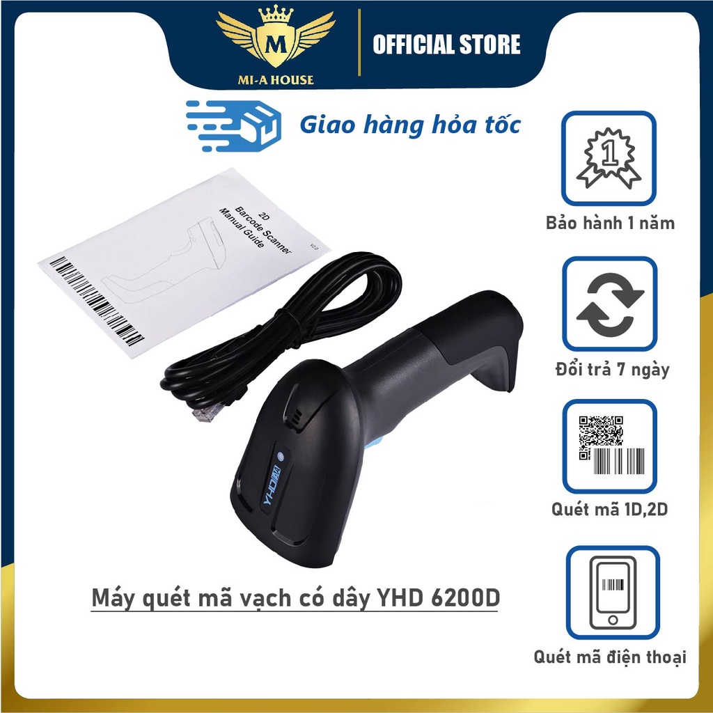 Máy quét mã vạch 2D YHD 6200D có dây, Đầu đọc mã vạch Barcode(1D) Qrcode(2D), Máy đọc mã vạch dùng trên Máy tính, Laptop