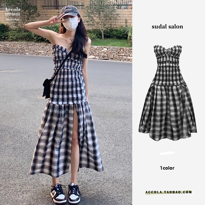 (ORDER) Váy quây MORAN hở vai kẻ sọc caro, ôm body thiết kế xẻ tà hở đùi gợi cảm style Hàn Quốc độc đáo