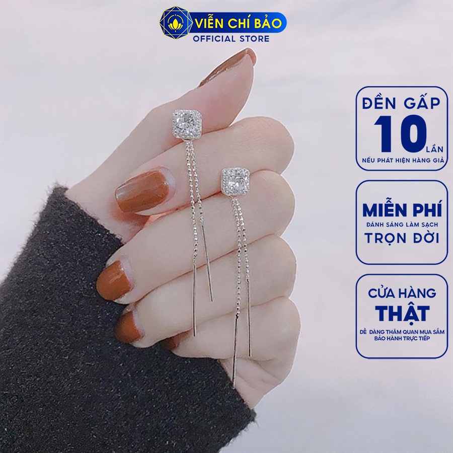 Khuyên tai bạc nữ vuông tua đá trắng chất liệu bạc 925 thời trang phụ kiện trang sức Viễn Chí Bảo B400327