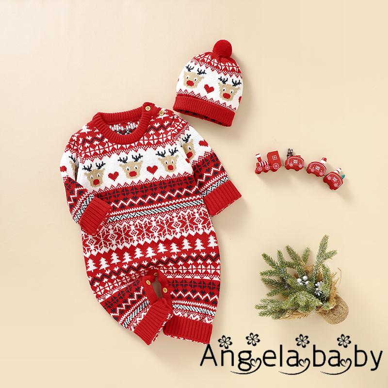 Bộ Áo Liền Quần Tay Dài Cổ Tròn In Họa Tiết Giáng Sinh + Mũ Dệt Kim Thời Trang Mùa Đông Cho Bé 0-18 Tháng Tuổi