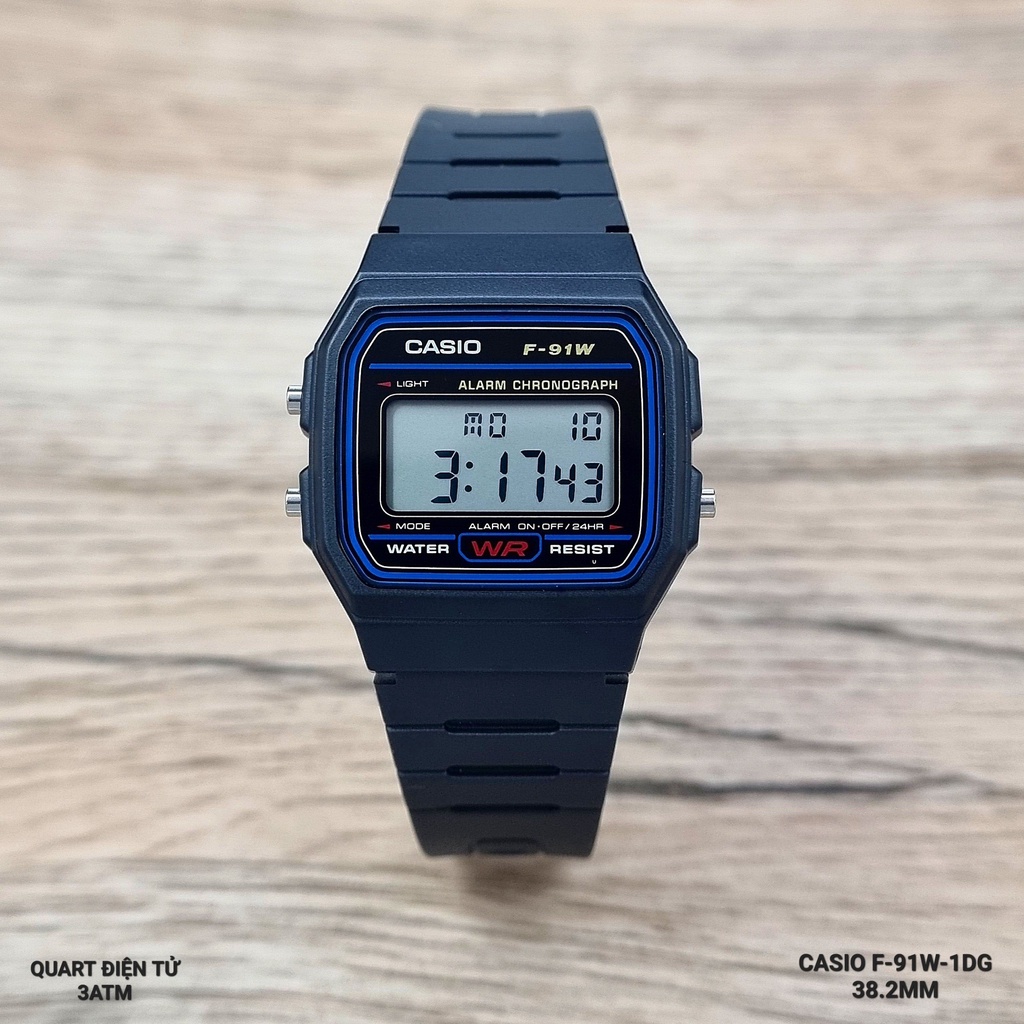 Đồng Hồ Nam Casio F-91W-1DG Pin Điện Tử Dây Nhựa Đen Mặt Vuông