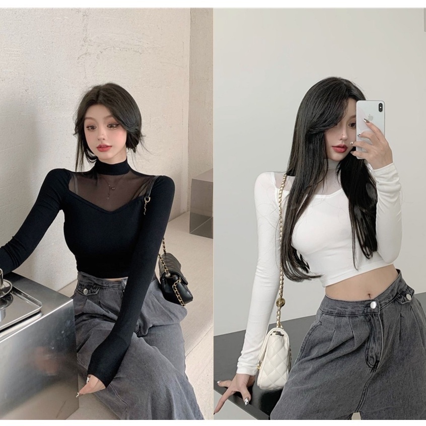 Áo croptop nữ dài tay ôm body cổ cao phối lưới sexy