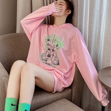 ZHELIHANGFEI Áo Hoodie Tay Dài Dáng Rộng In Hình Gấu Dễ Phối Đồ