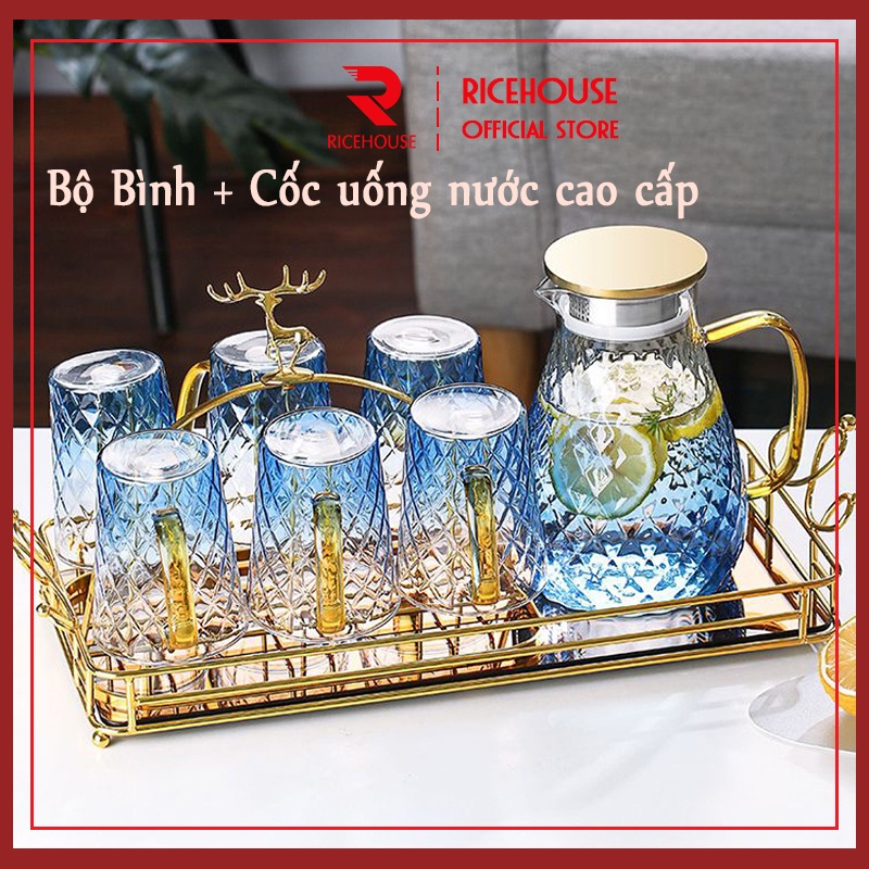 Bộ 6 cốc thủy tinh họa tiết + Bình nước + Khay + Giá cốc mạ vàng cao cấp - RICEHOUSE RHG134
