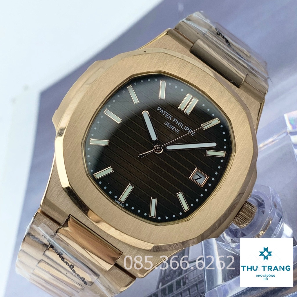 Đồng Hồ Nam PT Philip Cơ Automatic Nhật mặt vuông viền trơn nâu cafe dây thép vàng hồng Saphire 41-42mm
