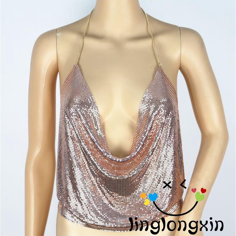 Linglongxi2 Áo Hai Dây Đính Kim Sa Lấp Lánh Hở Lưng Có Đệm Điều Chỉnh Được Cho Nữ
