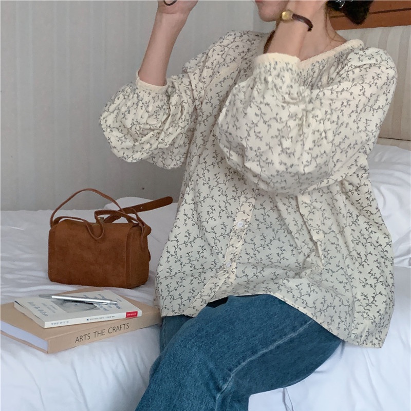 Áo sơ mi SUXI tay dài dáng rộng họa tiết hoa cổ điển phong cách Hàn Quốc thời trang dành cho nữ