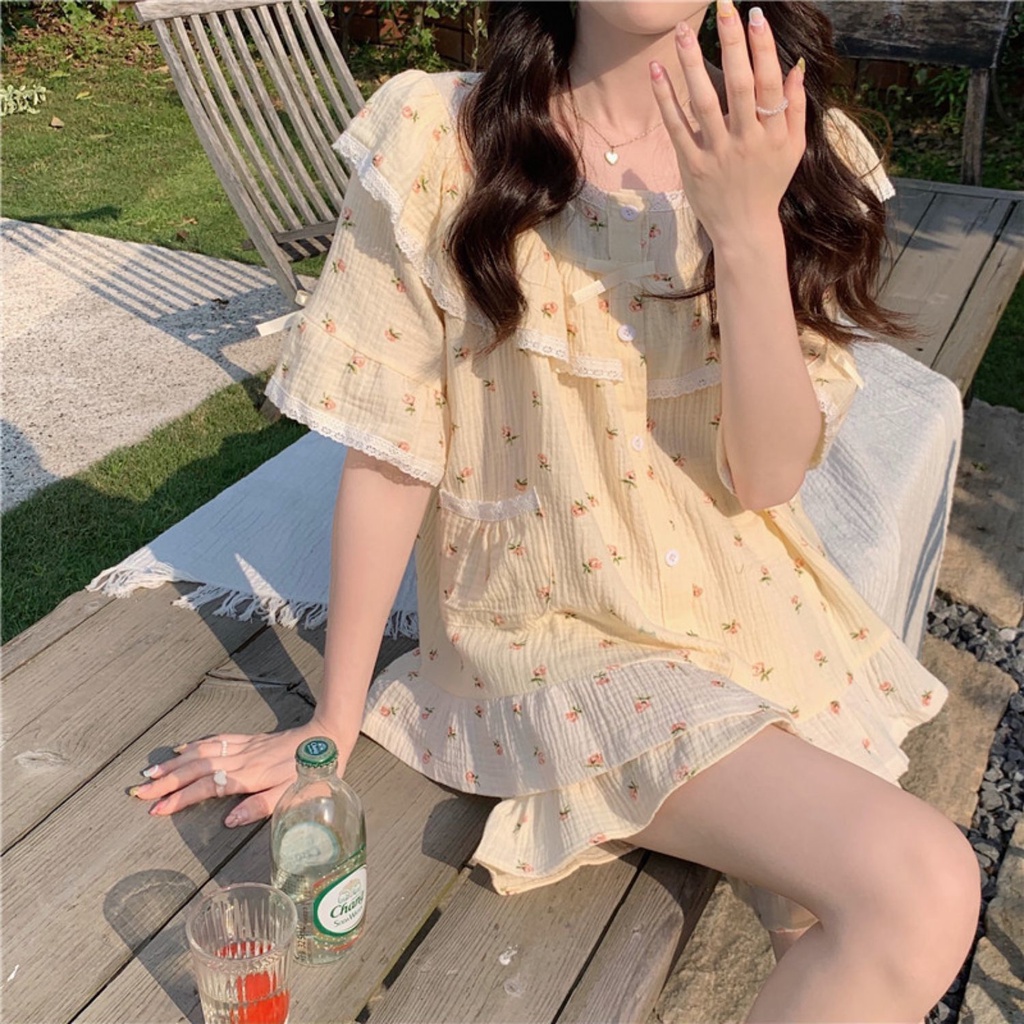 Bộ Đồ Ngủ Tay Ngắn Dáng Rộng In Họa Tiết Hoa Thời Trang Mùa Hè 2022 Phong Cách Mới Cho Nữ