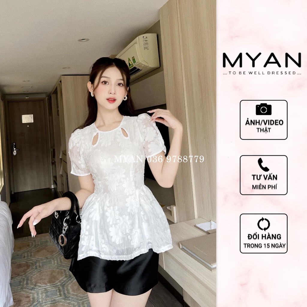 Áo Peplum Trắng Cổ Cut-Out Hoa Cổ Tròn Nhún Sườn Cộc Tay MYAN - Avn072208