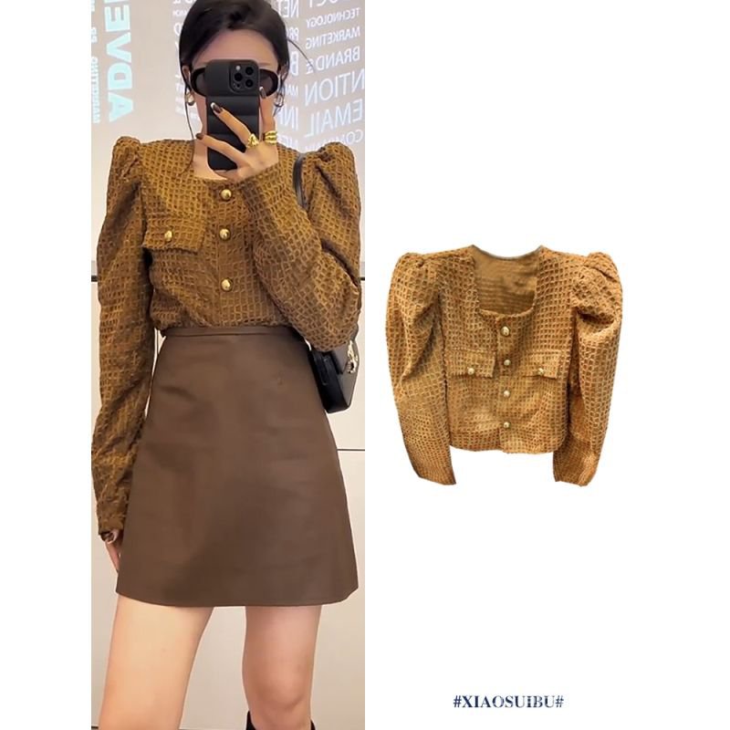 Áo Khoác Sơ Mi Tay Dài Phồng Cổ Vuông Họa Tiết Kẻ Ô Sang Trọng Phong Cách Chanel 8XHI Dành Cho Bạn Nữ