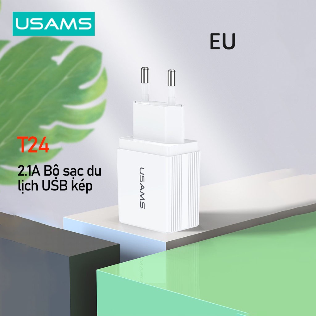 Củ Sạc Nhanh Usams T24 2.1A Cổng đôi USB Tiện Lợi Cho Du Lịch（EU）Travel Charger Cho Cổng USB/Type C/ Micro 2.1A