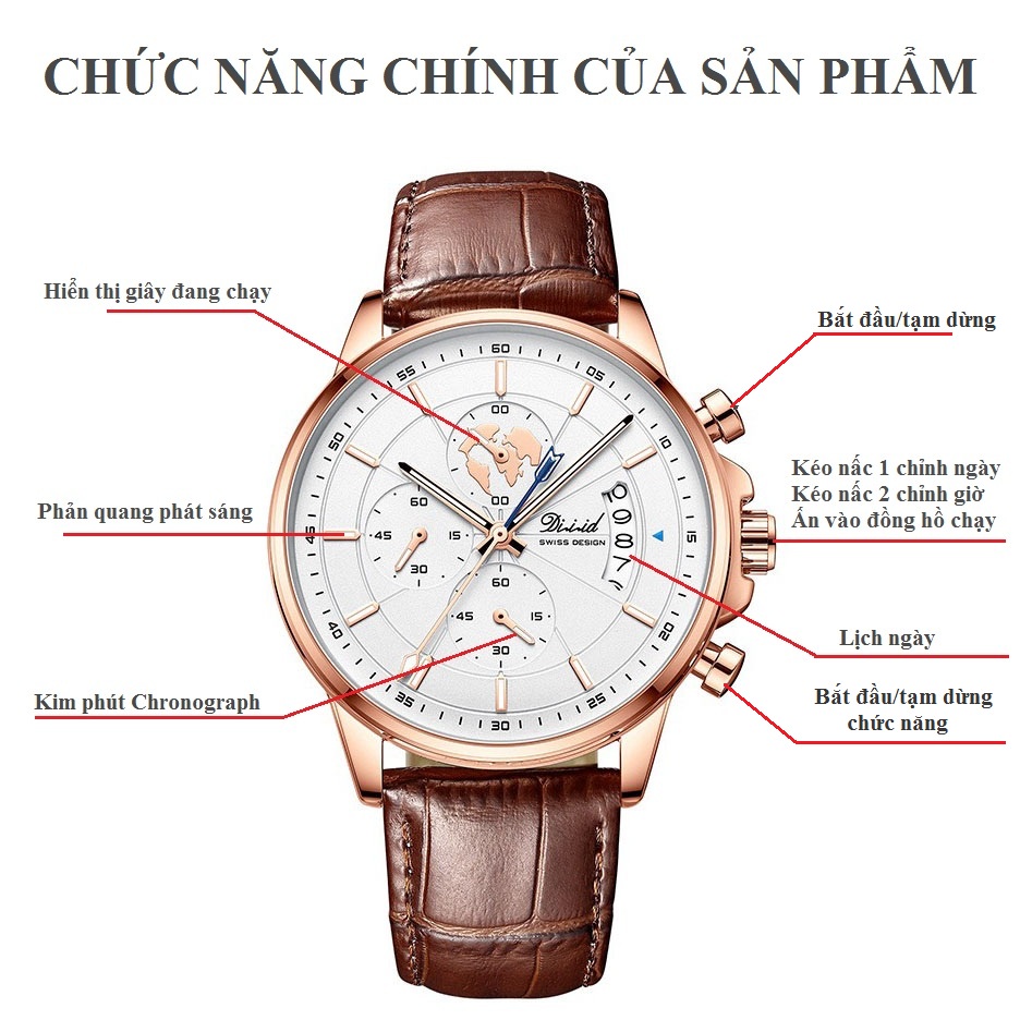 Đồng hồ nam DIZIZID cao cấp chống nước dây da nâu lịch lãm - Chạy Full 6 kim và lịch ngày - Kim phản quang-DBS-A06