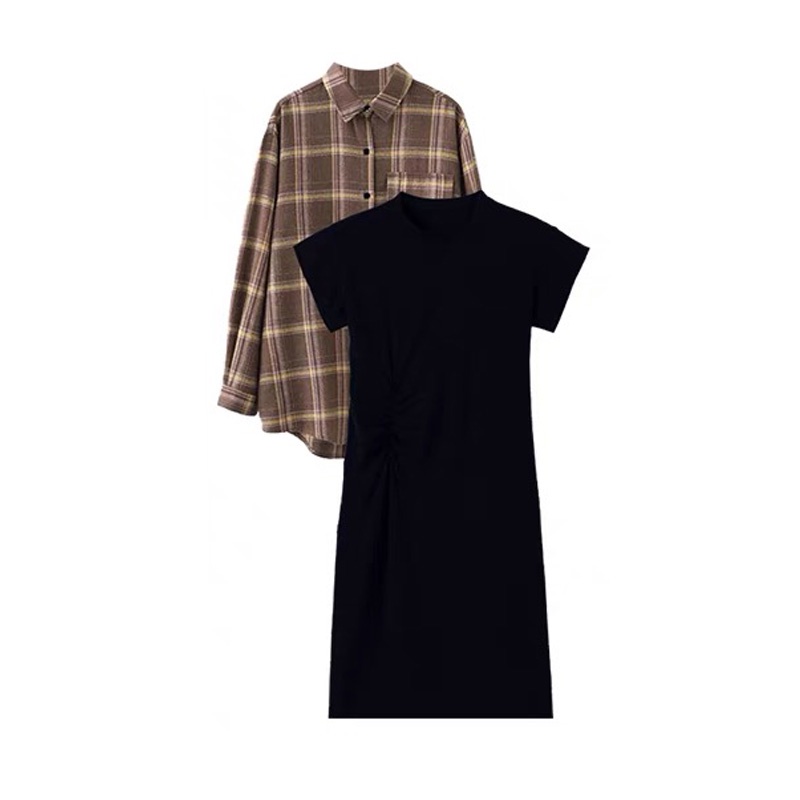 Set Áo Sơ Mi Tay Dài Kẻ Sọc Caro Phối Đầm Midi Thời Trang Mùa Thu Cho Nữ