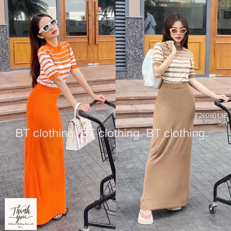 Set áo kẻ sọc tay ngắn phối chân váy bút chì