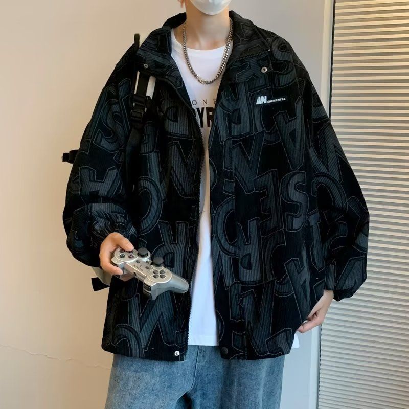 Áo Khoác Nhung Kẻ Dáng Rộng In Chữ Phong Cách Thời Trang Hàn Quốc Cho Nam Giới