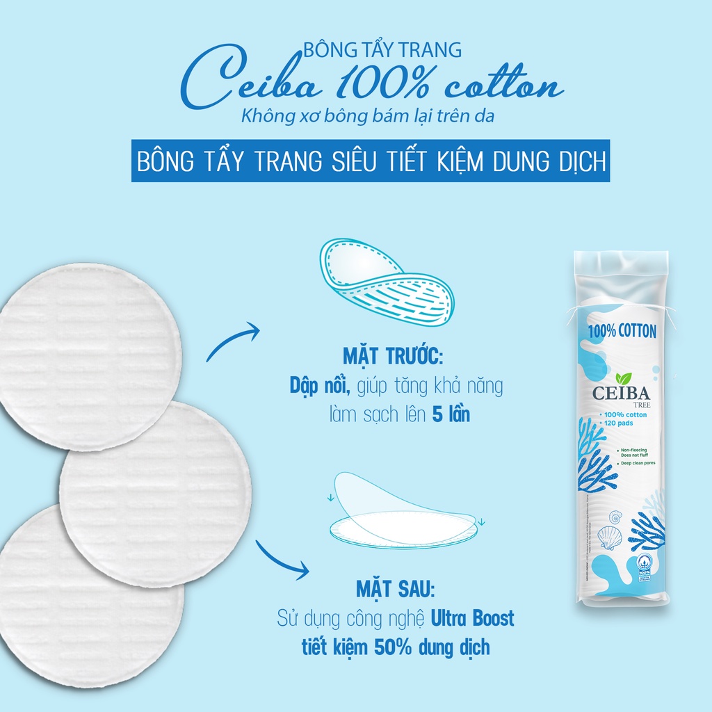 Combo 3 Bông Tẩy Trang Ceiba Tree 100% Cotton Siêu Tiết Kiệm Dung Dịch 140 Miếngx3