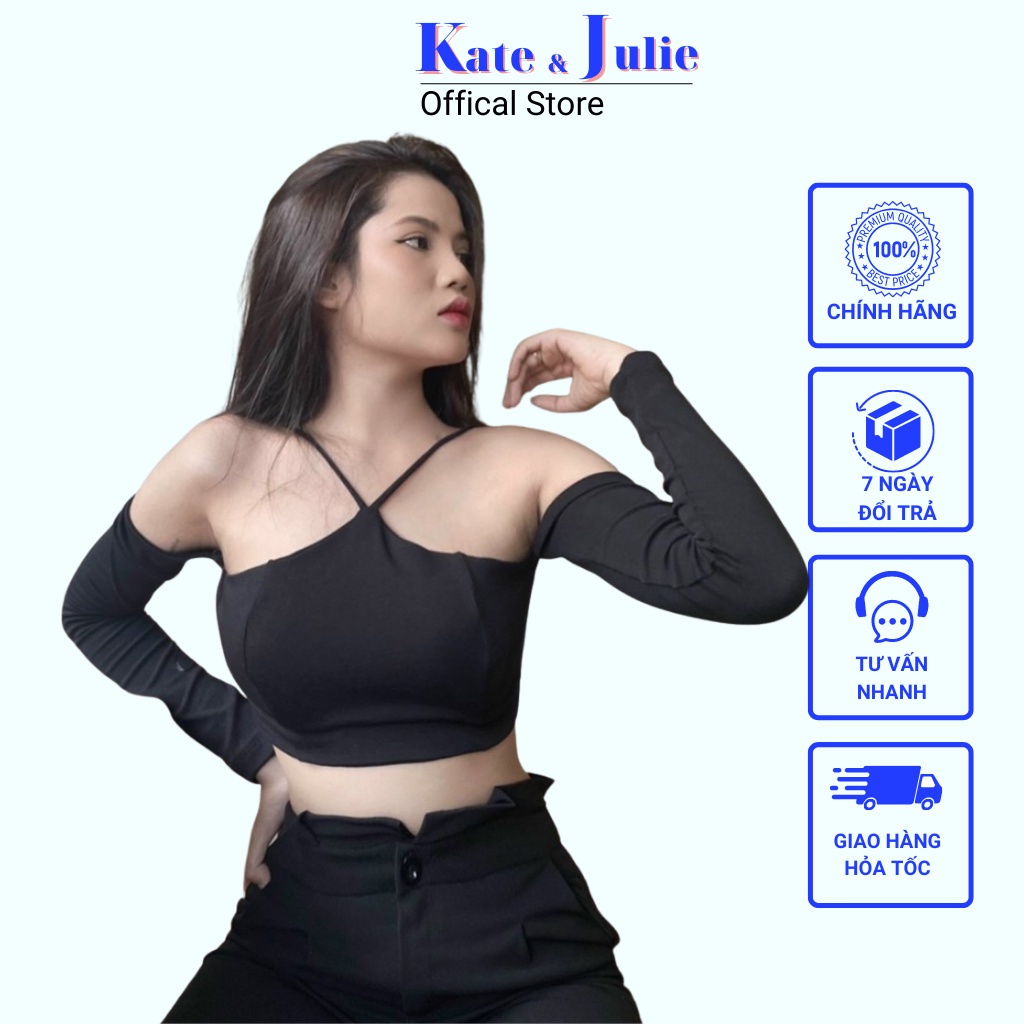 Áo yếm croptop tay dài K&J, áo kiểu nữ Hàn Quốc có mút chất liệu vải thun mềm mại mặc siêu thoáng mát.