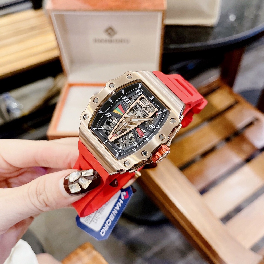 Đồng Hồ Cặp Đôi Hanboro Nam Máy Automatic, Nữ Máy Pin , Dây Cao Su Màu Đỏ , Size 36mm/48mm fullbox