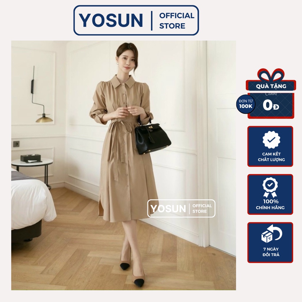 Đầm Nữ Công Sở Nút Trước Cổ Sơ Mi Tay Dài Thanh Lịch, Váy Nữ Dạo Phố Dáng Xòe Thắt Nơ Eo Thục Nữ Màu Kem