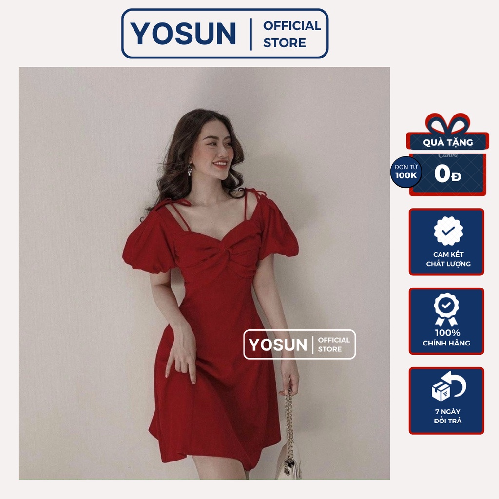 Đầm Nữ Dự Tiệc Xoắn Ngực Tay Phồng Hai Dây Thắt Nơ Sang Trọng, Đầm Nữ Form Ngắn Xòe Màu Đỏ
