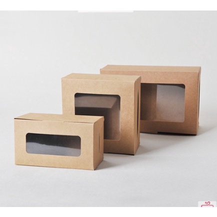 Hộp kraft cửa sổ mặt mica kèm khay đựng bánh, hộp quà tặng bánh kẹo kèm nơ gai Vintage