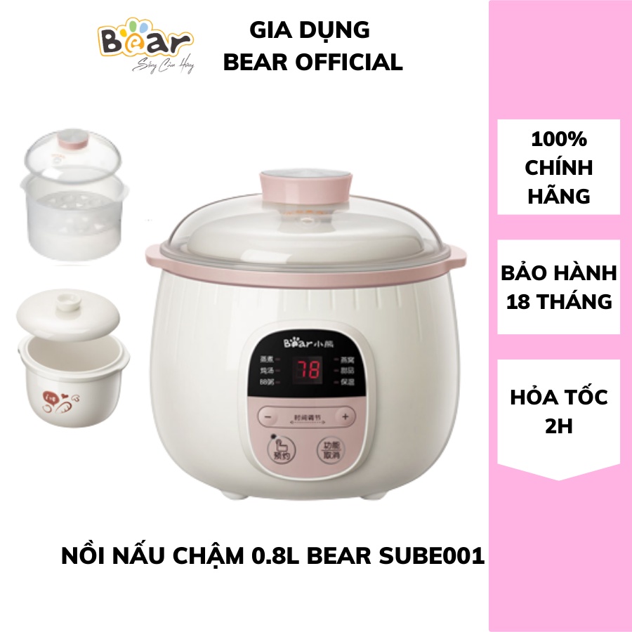 Nồi nấu cháo chậm cho bé Bear 0.8L đa năng, nồi hầm cháo, ninh, ủ, hấp rau củ quả, lõi bằng gốm cao cấp giữ nhiệt lâu