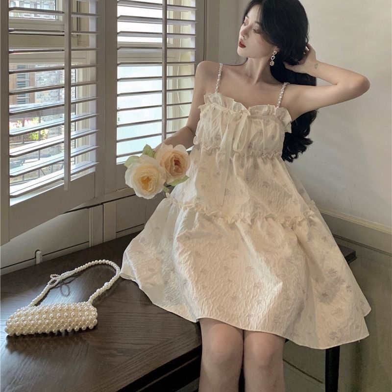 Váy babydoll Đầm Hai Dây Ngắn Dáng Rộng Vải Lông Xù In Hoa Nhỏ Xinh Thời Trang Mùa Hè Hàn Quốc
