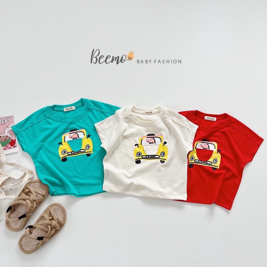 Áo phông in hình khủng long lái ô tô cho bé Beemo, Chất liệu cotton siêu mềm, 3 màu xinh xắn B127