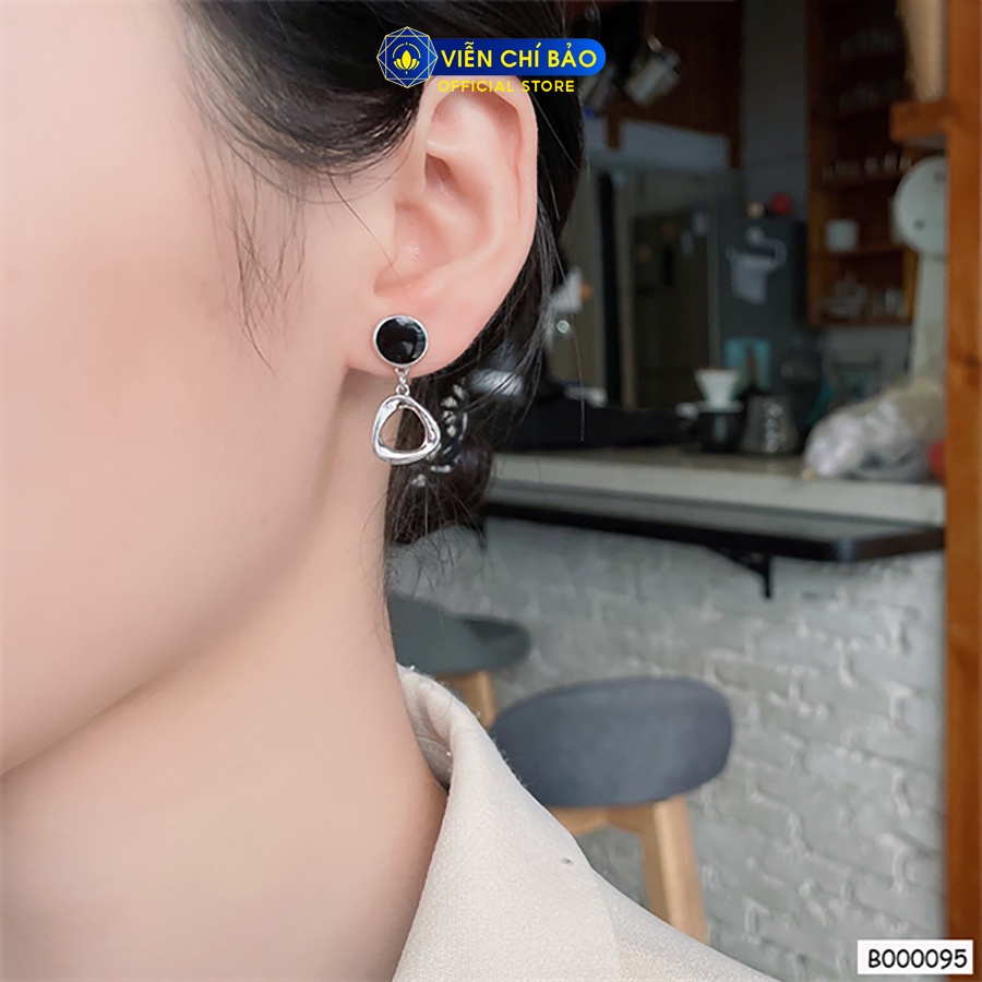 Khuyên tai bạc nữ đá đen tròn móc treo chất liệu bạc 925 thời trang phụ kiện trang sức Viễn Chí Bảo B000095