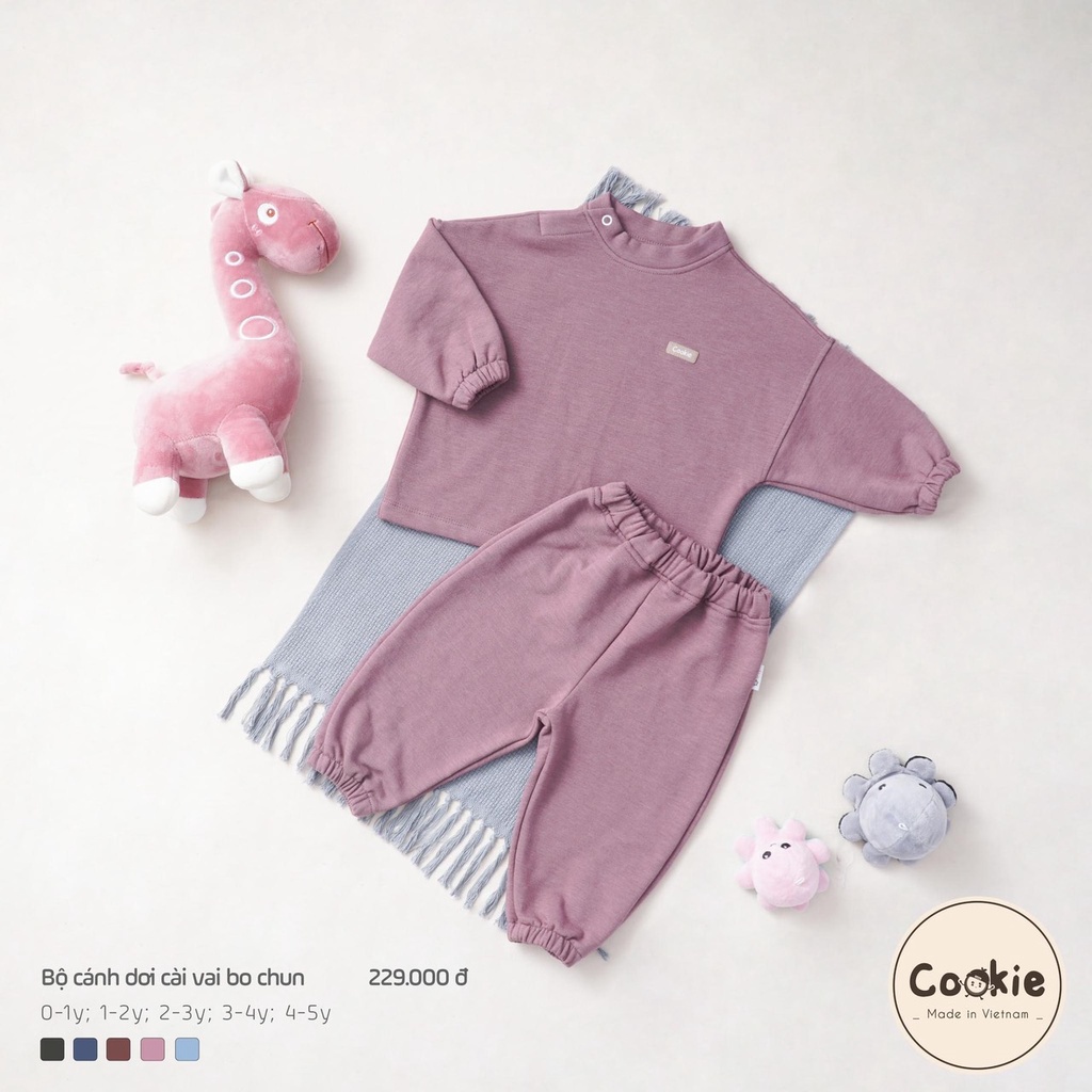 Bộ quần áo dài tay Cookie nỉ cánh dơi cài vai bo chun