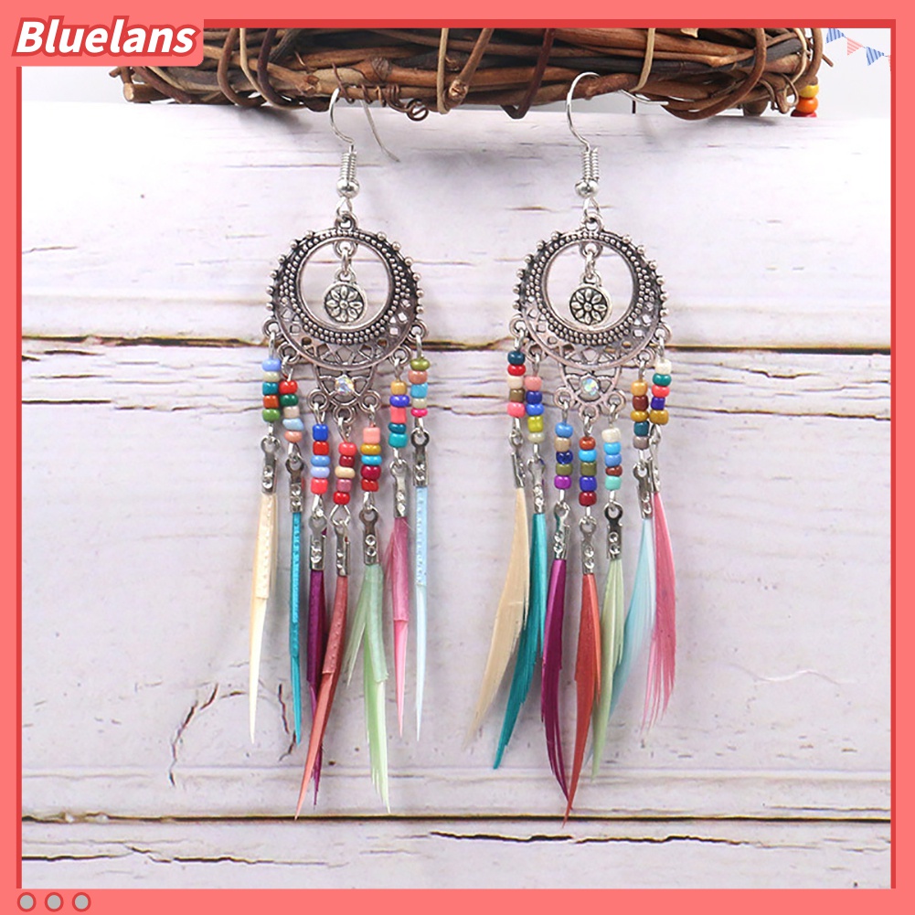 Bông Tai Dạng Móc Hình Tròn Khắc Họa Tiết Lông Vũ Tua Rua Phong Cách Boho Cho Nữ 48h