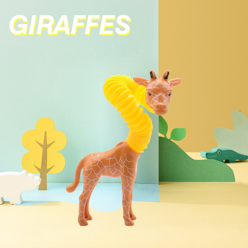 Children Retractable Pop Tubes Toy /Funny Sensory Learning Stretching Spring Tube Animals Toy /Kids Puzzle Cartoon Giraffe Stress Relief Toys