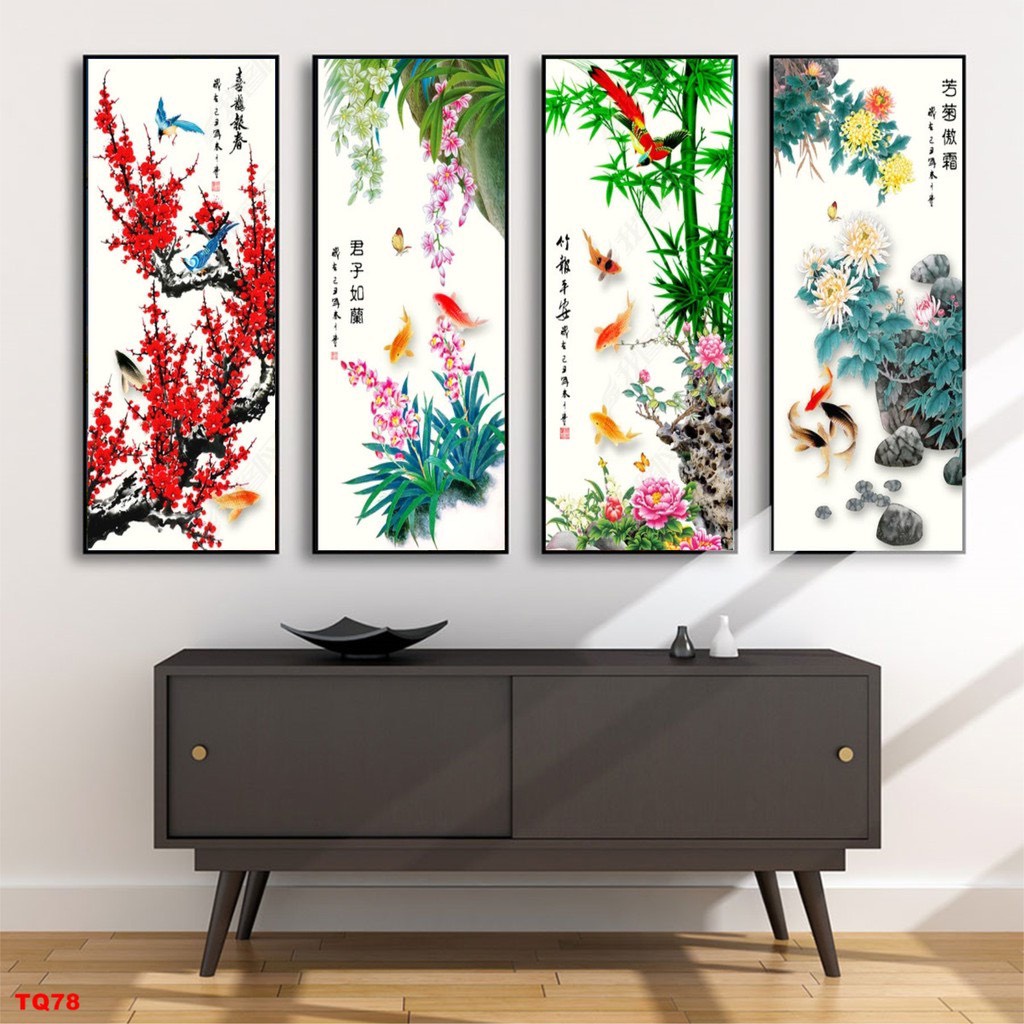 Tranh Treo Tường Bộ 4 Tranh Tứ Quý Tùng, Trúc, Cúc, Mai Trang Trí Phòng Khách Mang Lại Tài Lộc