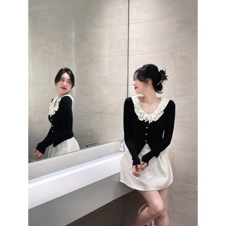 Yo áo len zip cúc cổ viền bèo màu đen cho nữ