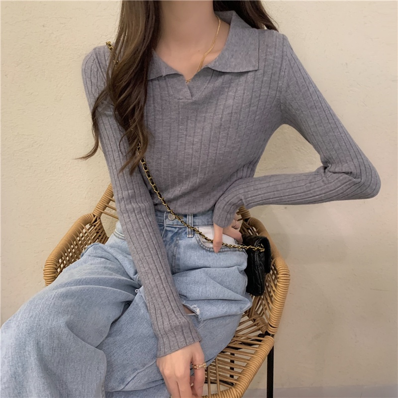 Áo dệt kim ZHELIHANGFEI cổ polo tay dài ôm dáng xinh xắn cho nữ