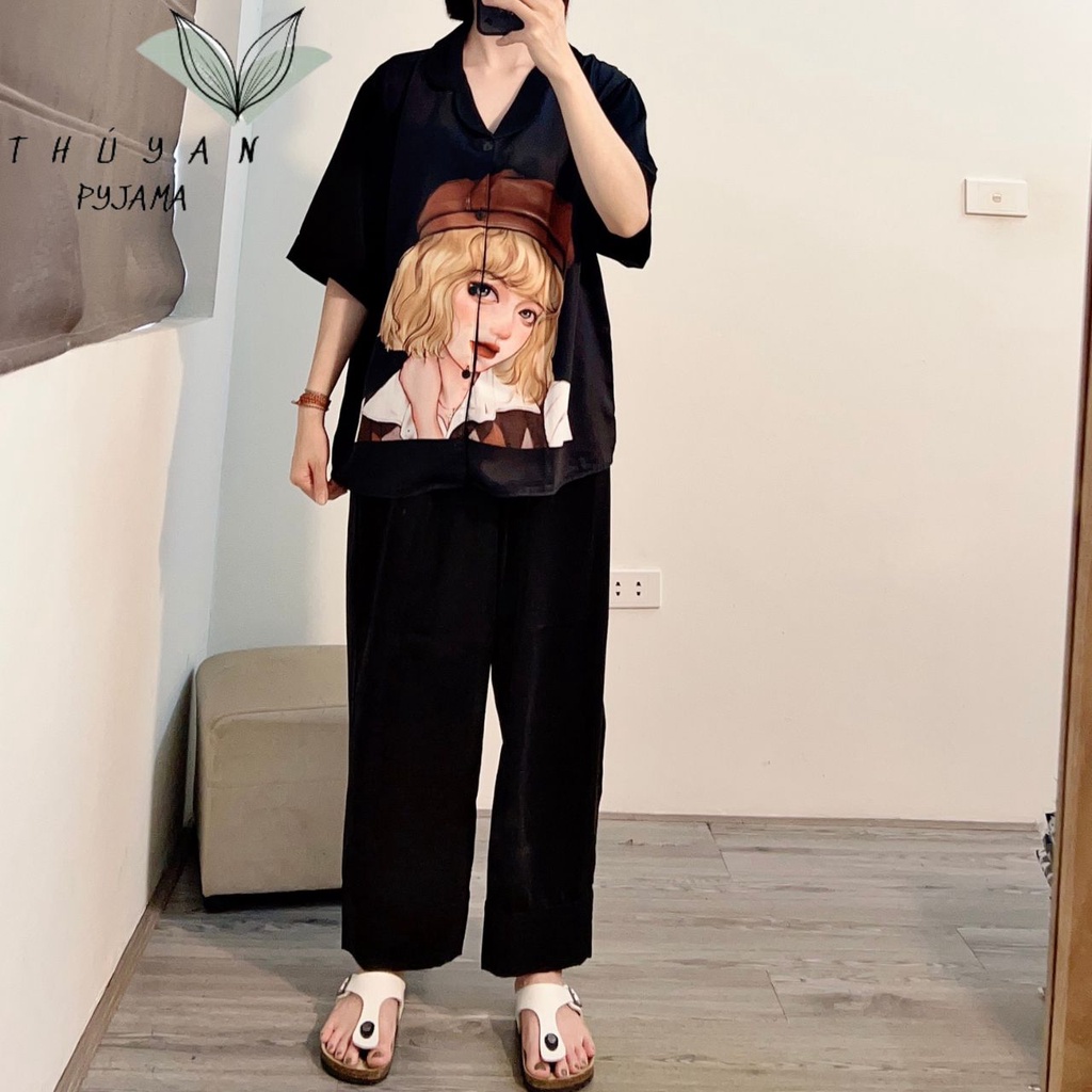 Bộ Pyjama bigsize cô gái mũ nâu cộc dài mặc nhà chất lụa Mango giá rẻ dành cho nữ, mẹ bầu 60 - 90kg