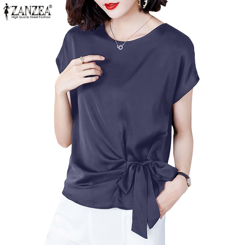 Áo kiểu ZANZEA vải satin tay ngắn cổ tròn ôm eo thời trang cho nữ