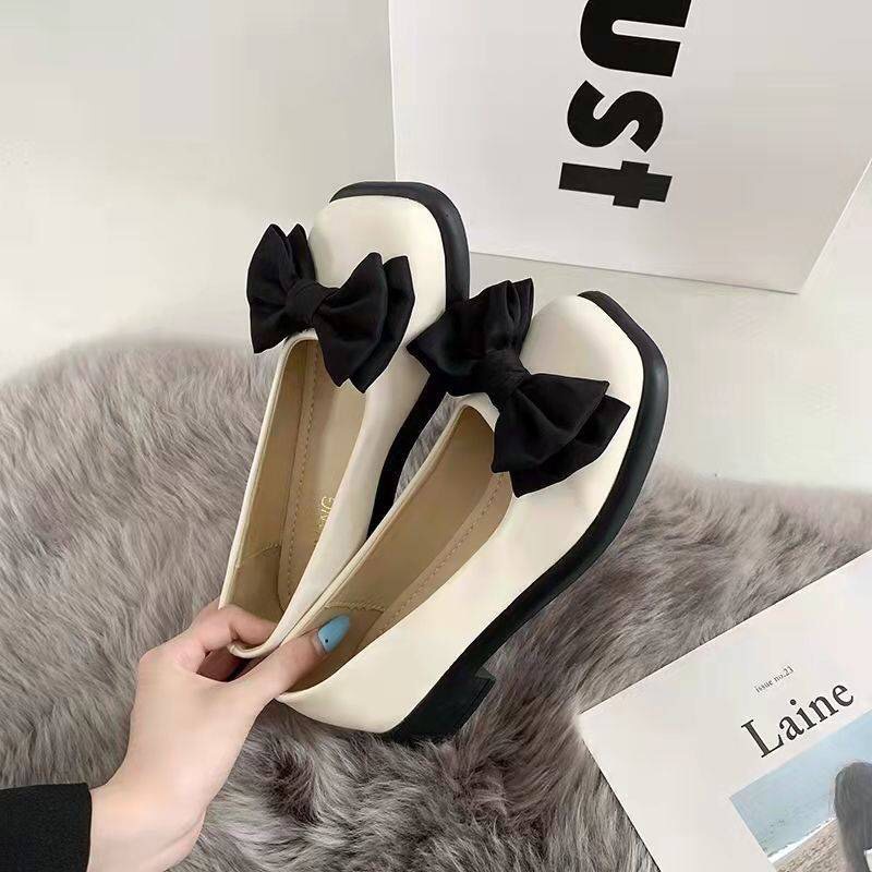 Giày Da Nữ Mũi Vuông Phối Nơ Phong Cách Anh Quốc Thời Trang Cho Nữ Mã B7